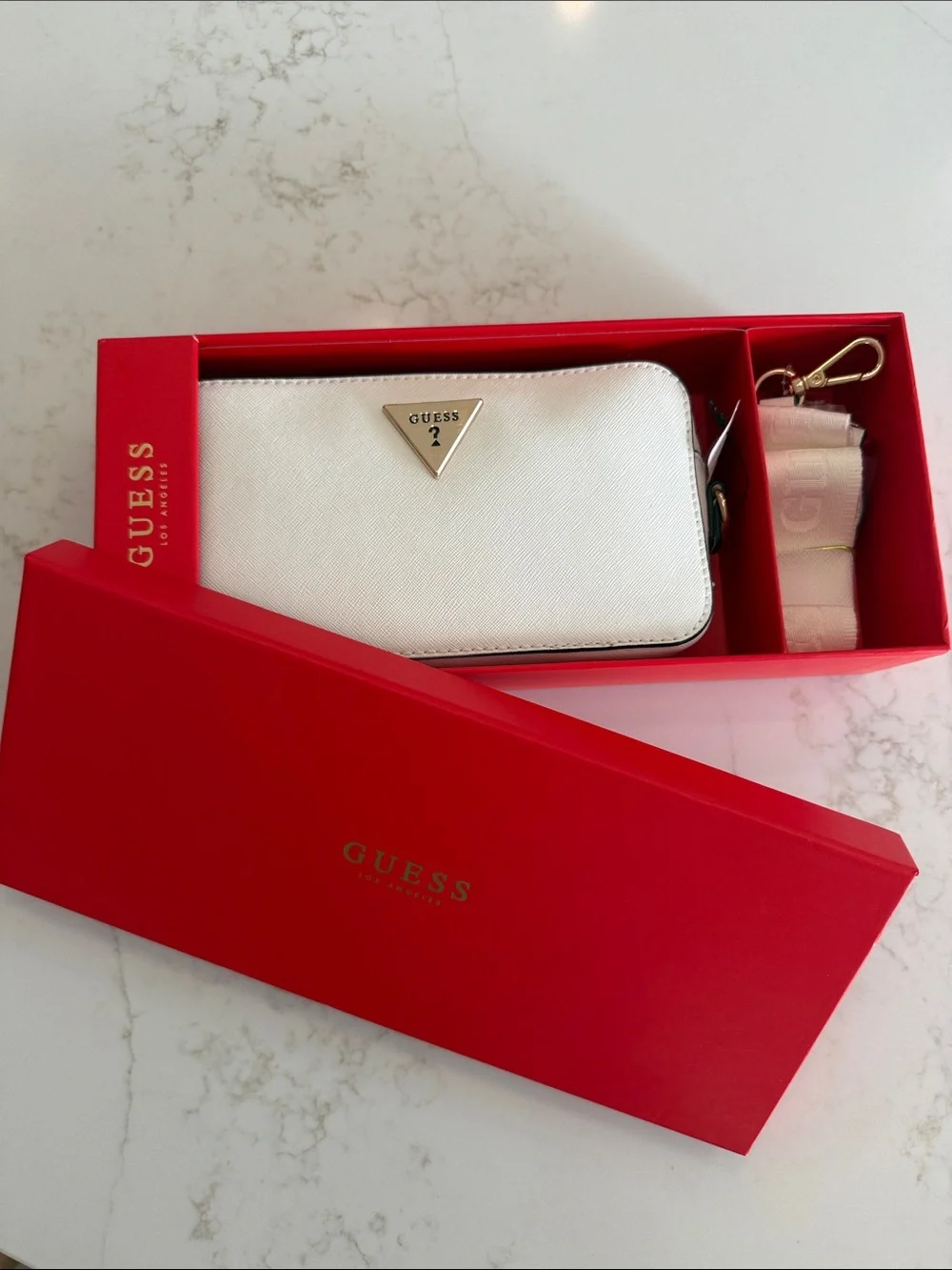 Guess White La Rosa Mini Crossbody with Gold Logo and White Strap
